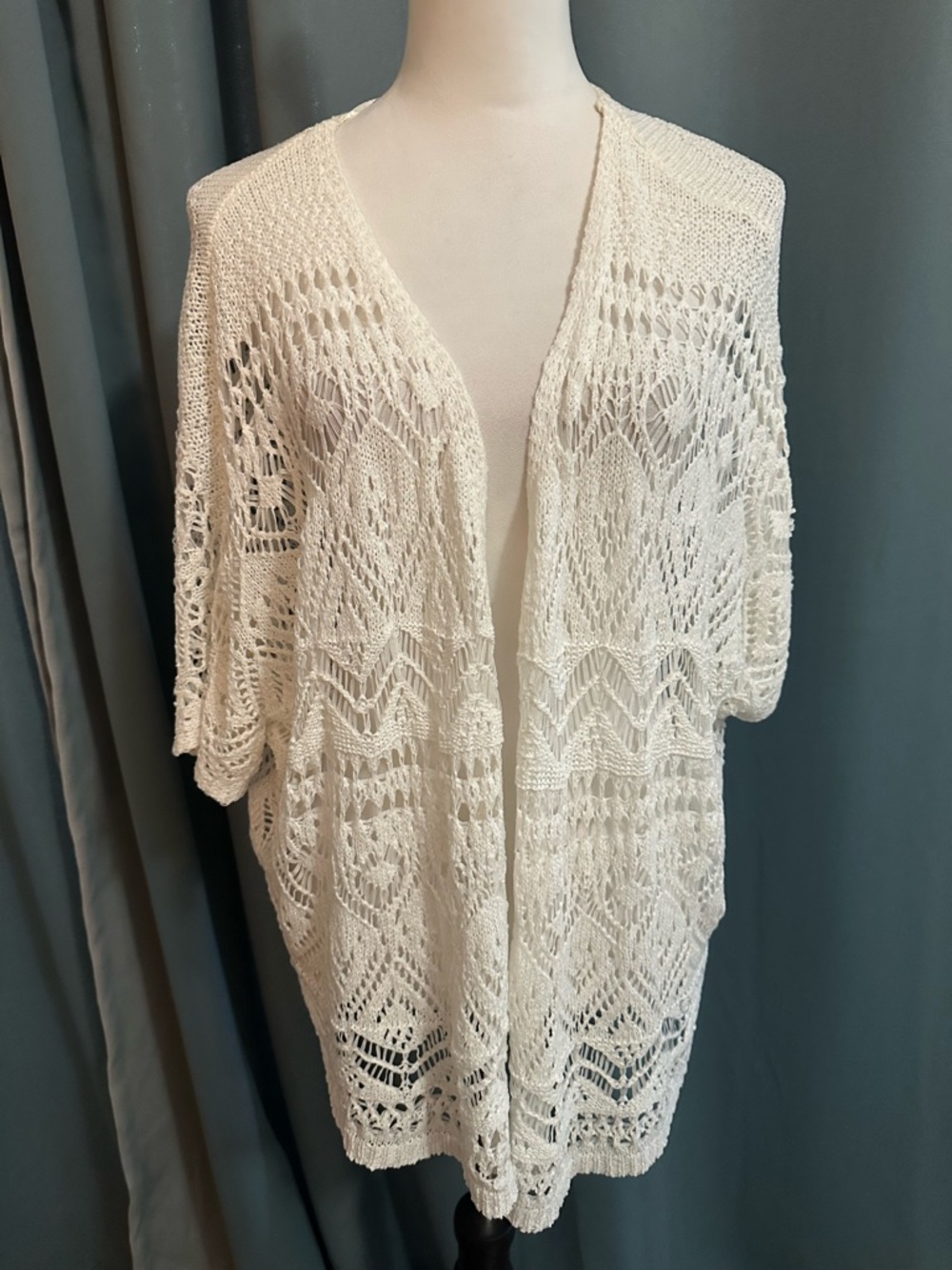 Relativity 1X Ivory Lace Crochet Cardigan Open Front Boho Sheer Kimono Plus Size